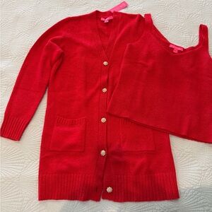 Lilly Pulitzer Leonette Amaryllis Red Cardigan and Tank Set L, NWT